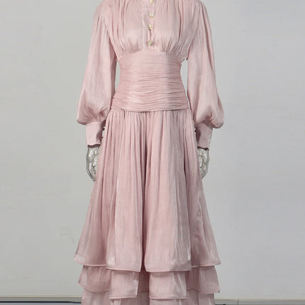 TWOTWINSTYLE Solid Spliced Metal Buttons Temperament Long Dresses for Women High Neck Long Sleeves Patchwork Folds Dress Female