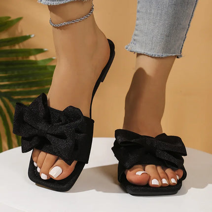 Summer New Women's Bow Slippers Comfortable Casual Outdoor Non Slip Wear Flat Sandals Square Toed  Beach Shoes