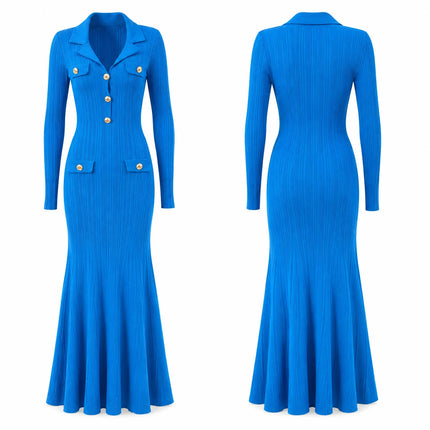 Elegant Women Lapel Knit Mermaid Maxi Dress, Long Sleeve Gold Decor Button Ribbed Bodycon Dress, Business Casual Wedding Guest Evening Party Gown