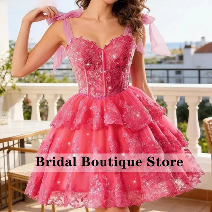 Sparkly Tiered Lace Tulle Homecoming Dresses Short Bow Straps Formal Prom Gowns Sweet 16