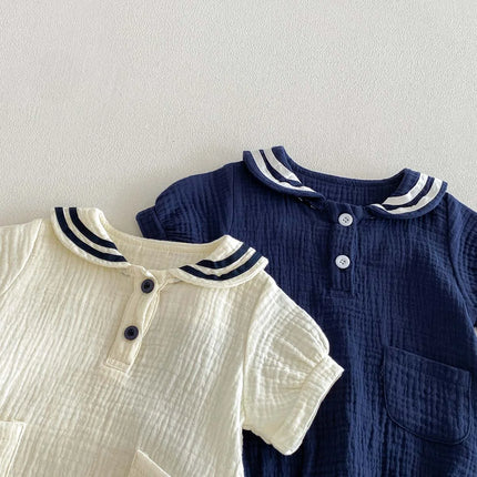 Summer Baby Boys and Girls Navy Collar Short-Sleeved Jumpsuit Newborn Fashion Large Lapel Jumpsuit for Going Out