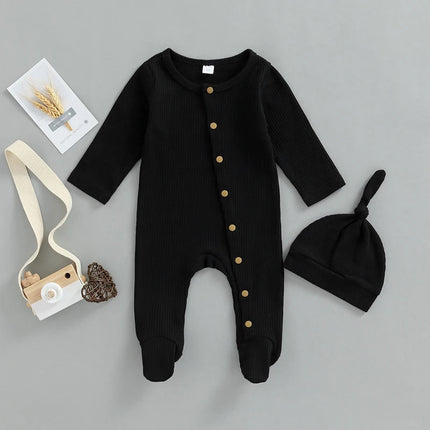 Baby Boys s Girl s Romper Set Round Neck Long Sleeve Button-Down Ribbed Feet Wrap Jumpsuit Hat