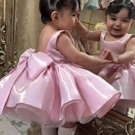 Wedding Mini Flower Girl Dress 2026 Satin Sleeveless Backless Bow Short Tutu Dress Baby Princess Dress Formal Party Dress Custom