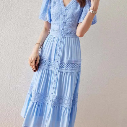 Short puff sleeve dresses Women 2025 Summer Solid V-neck Lace embroidery dress Patchwork Elegant 4D068
