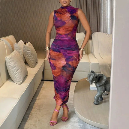 Women Dresses 2026 Spring Summer New Stand Up Collar Floral Printed Sleeveless Pleated Mid Length Slim Fit Long Dress