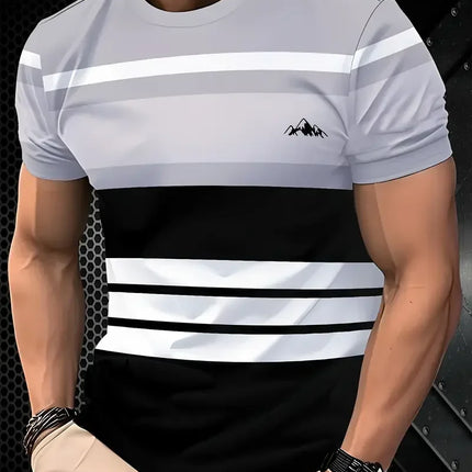 Summer classic men's T-shirt: Outdoor round-neck short-sleeved top with striped print, loose street men's T-shirt with additiona