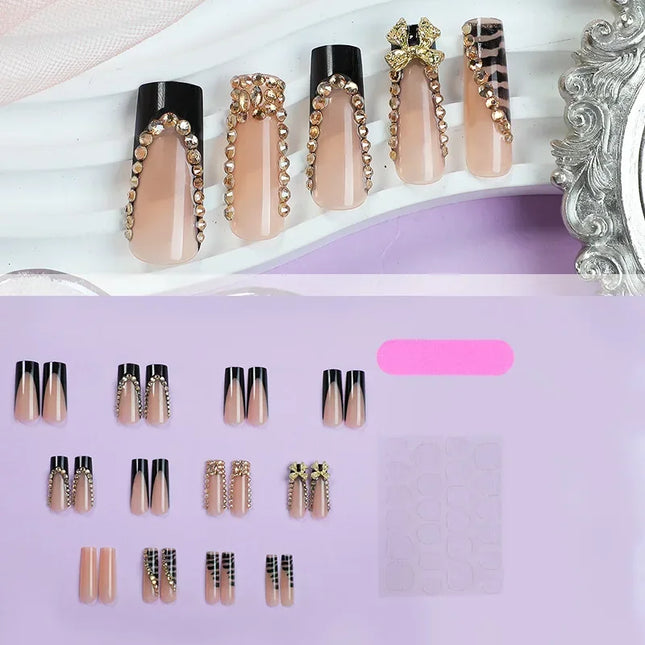 10Pcs Long French Fake Nails with Glue Ballet False Nails Butterfly Rhinestone Design Press on Nails Wearable Coffin Nail Tips