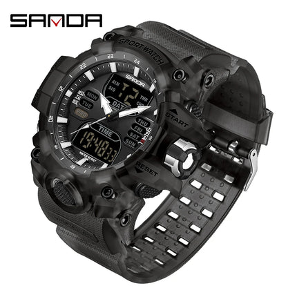 SANDA Dual Display Men Watches Waterproof Sports Watch Military Man Alarm Stopwatch Quartz Wristwatch Male LED Digital Clock6126