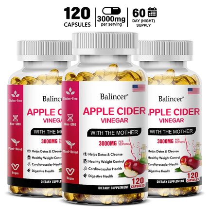 Balincer Apple Cider Vinegar Capsules 3000mg, Detox & Cleanse, Fat Burning, Healthy Weight Management Supplement Non-GMO