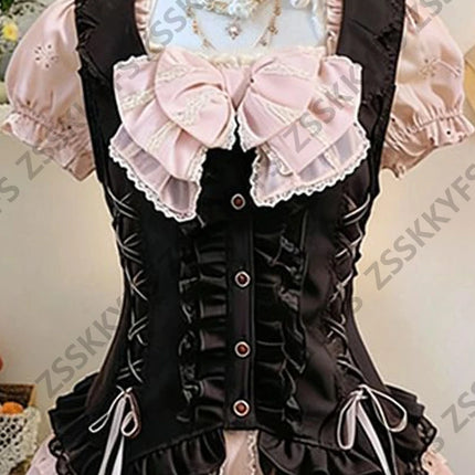 Summer Women's Casual Dresses Japan Sweet Fashion Y2k Lolita Dresses 3-Piece Set 2000s Clothes Vintage Vest Bow Sexy Skirt Party