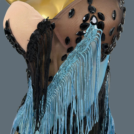 Women Black Blue Fringe Strapless Long Dress Nightclub Party Stage Performance Outfit High Slit Rhinestone Evening Gown Qinggao