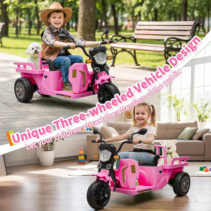 12V Kids Electric Tricycle With Trailer, 110W Ride On Motorcycle Tractor, Sand Shovel, Bluetooth Music, LED Headlight, 3 Speeds