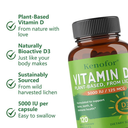 High-concentration Capsules with 5000 IU of Vitamin D3 To Boost Immunity, Bone and Heart Health, Strengthen Bones, Non-GMO