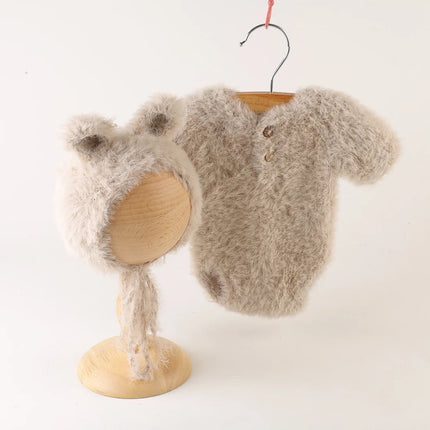 Newborn Knitted Angola Fuzzy Romper Baby Animal Outfit Photography Props Baby Cartoon Wolf Footed Overall Sets Photo Props