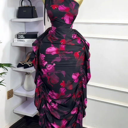 CM.YAYA Women Floral Printed One Shoulder Sleeveless Stacked Ruched Bodycon Midi Maxi Long Dress 2025 Sexy Party Evening Dresses
