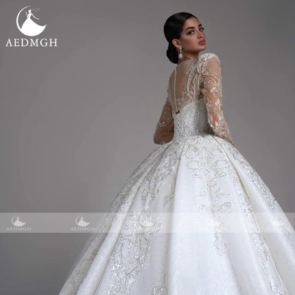 Aedmgh Ball Gown Shiny Wedding Dresses Boat Neck Long Sleeve Bride Dress Lace Beaded Sequined Glamorous Custom Made Bridal Gown