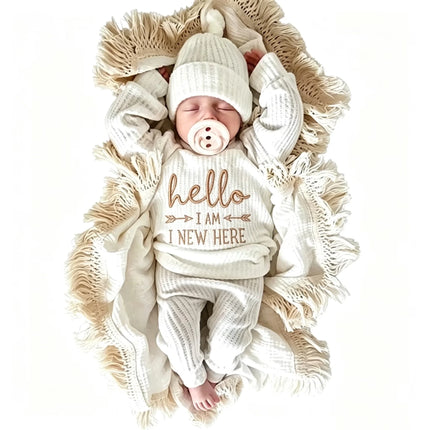 Newborn Baby 3Pcs Outfit Set ‘Hello World" Embroidery Waffle Knit Long Sleeve Top Pants Hat Infant Coming Home Clothes 0-3M