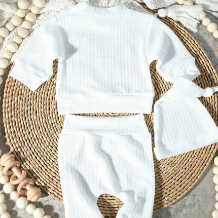 Newborn Baby 3Pcs Outfit Set ‘Hello World" Embroidery Waffle Knit Long Sleeve Top Pants Hat Infant Coming Home Clothes 0-3M