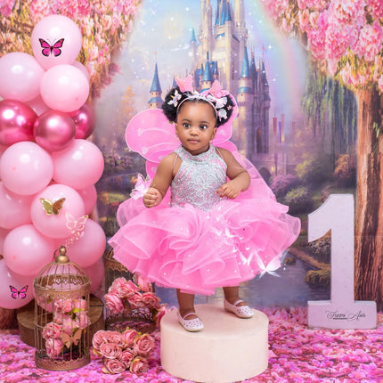 Pink Girls Birthday Party Dresses Customized High Neck Beading Flower Girl Dresses Baby Kids Gowns for Photo Shoot