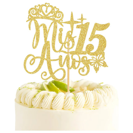 Mis 15 Años Cake Topper Gold Crown Butterfly Mis Años 15 Happy Birthday Cupcake Topper Kids Party Baking Decoration Supplies Diy