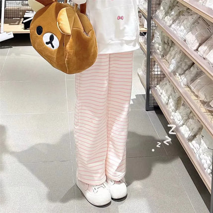 Cute Y2K Striped Pants Women Kawaii Sweet Harajuku Fleece Sports Korean Fashion Sweatpants Girly Basic Cartoon Japanese Trousers