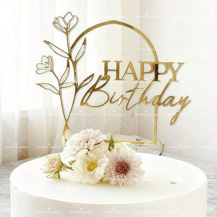 3PCS Gold Acrylic Happy Birthday Cake Topper with Line Art Flower Elegant Floral Cake Decoration for Birthday Party