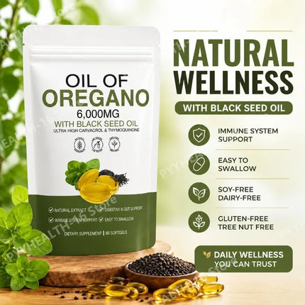 Oil of Oregano Softgels 6000mg with Black Seed Oil for Immune System & Digestive Support,Soy-Free Gluten-Free 60 Softgels