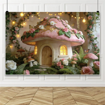 Pink Mushroom House Backdrop Enchanted Fairy Forest Floral Photography Background for Girls Birthday Baby Shower Party Decor