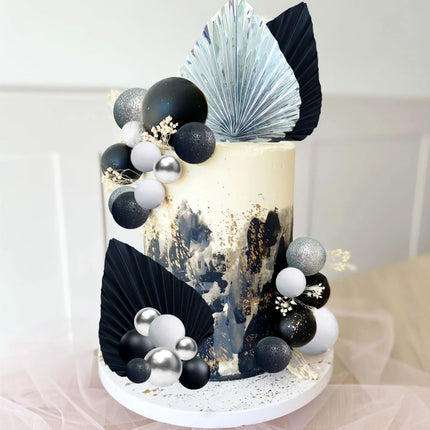 LaVenty Black Sliver Balls Cake Decoration Silver Palm Leaves Cake Decoration Goth Black Cake Topper for Birthday Wedding