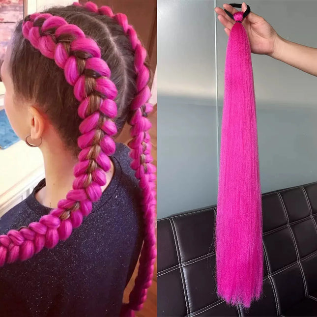 28Inch Synthetic Long Straight Ponytail Purple DIY Braided Ponytail With Rubber Band Halloween Hair Accessories For Woman