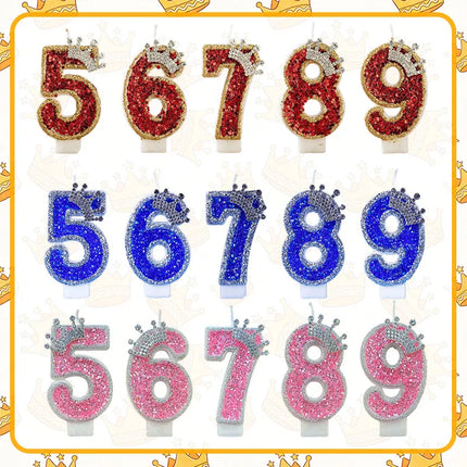 Crown Candles New Creative Number 0-9 Pink Blue Red Birthday Wedding Party Cake Decoration Handmade Crown Powder Sequin Cake Dec
