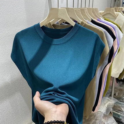 Women's T-shirt Summer O Neck Knitted Fashion Woman Blouse 2026 Short Sleeve Tees Solid Color Ice Silk Oversized T-shirt Women