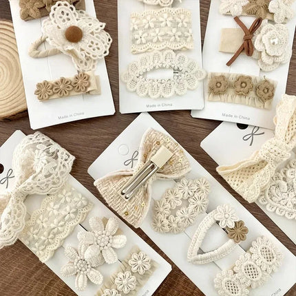 4Pcs Kids Fabric Lace Flower Barrettes Baby Princess Hair Accessories Newborn White Hairpins Bow Hairclips Girls Birthday Gifts