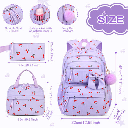 3pcs/set school backpack for girls cherry pattern primary school girl Corduroy backpack kids bookbag lunch bag pencil bag set