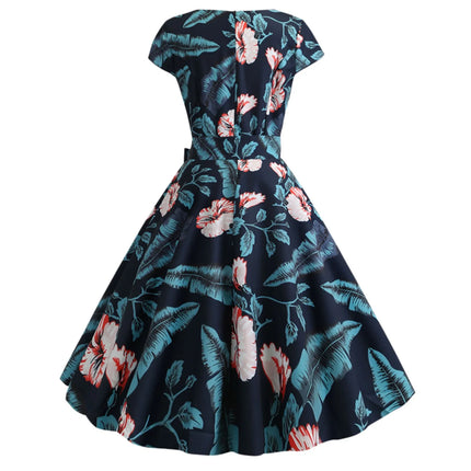 Women Summer Dress Floral Print Vintage 1950s 60s Rockabilly Party Dresses Retro Chic Short Sleeve Bow Belt A Line Vestido Mujer