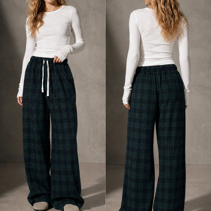 Women Plaid Wide Leg Pants, Elastic Waist Drawstring Loose Baggy Trousers Casual Comfy Lounge Pants for Daily Streetwear