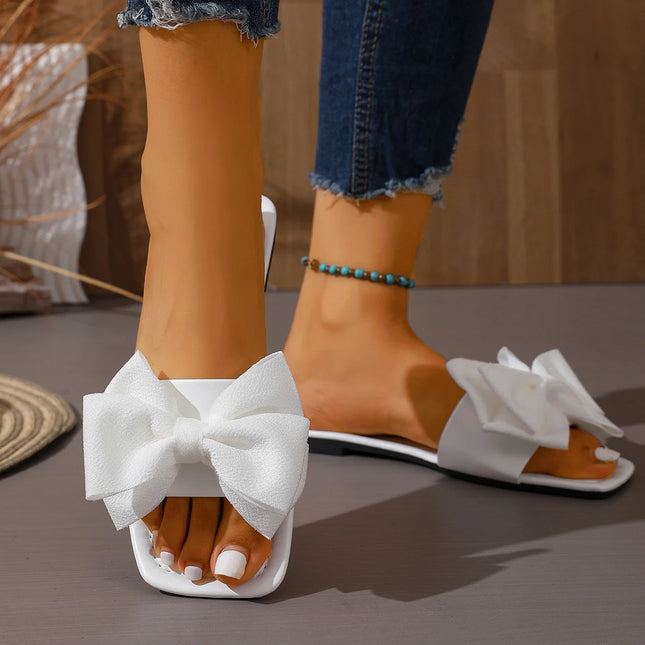 *Fashionable New Style Elegant Anti Slip Large Flat Slippers for Women Summer Square Bow Sexy and Comfortable Casual Slippers
