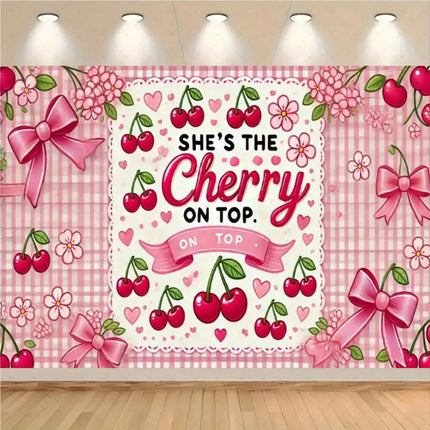 Checkered Cherry Butterfly Bow Theme Banner Background, Children's Birthday Party, Room Decoration Photography Background Cloth