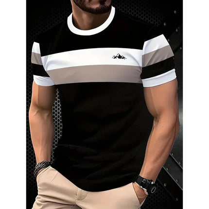 Summer classic men's T-shirt: Outdoor round-neck short-sleeved top with striped print, loose street men's T-shirt with additiona