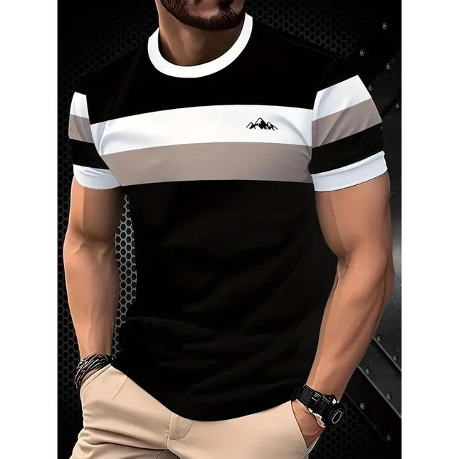 Summer classic men's T-shirt: Outdoor round-neck short-sleeved top with striped print, loose street men's T-shirt with additiona