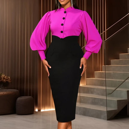 Women Elegant Church Dresses Mock Neck Long Lantern Sleeves Buttom Up ColorBlock Package Hip Party Office Ladies Business Wear