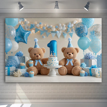 Cute Bear Balloon Blue Theme Banner Decoration Background, Children's Birthday Party, Home Decoration Photography Backdrop Cloth