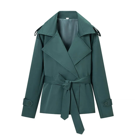 Women's Long-sleeve Collared Tie-front Jacket for Spring/Fall; A Stylish, Loose-fitting Coat.Available in Red,Apricot,Green,Blue