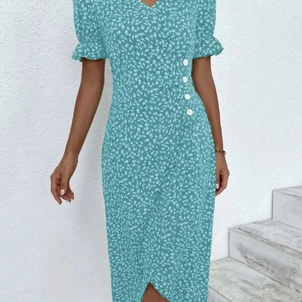Elegant Floral Pleated H shaped Midi Dress Female V Neck Puff Sleeve Waist Ruched Button Dresses Women Summer Dress Robe