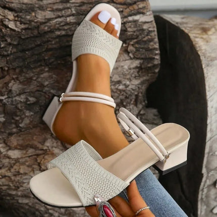 Women's Knitted Block Heel Mules Elegant Open Toe Sandals Fashion Summer Slide Shoes Comfortable Slip-on Mid Heel Ladies Slides