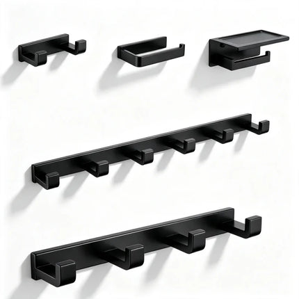 Matt Black 304Stainless Steel 2/4/6 Hook Toilet Brush Holder Toilet Paper Holder Towel Bar Rail Rack Hanger Hook Hardware Set