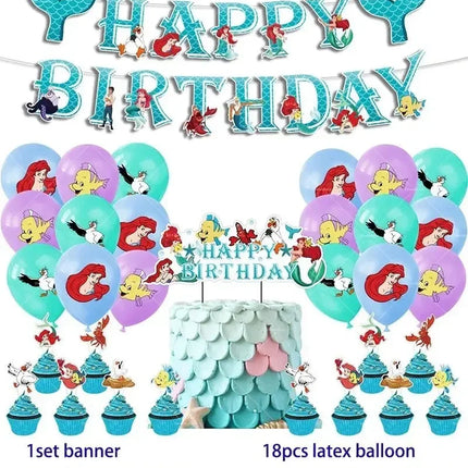 Mermaid Balloons The Little Princess Happy Birthday Banner Party Decoration Disposable Tableware Cake Topper Background Stickers