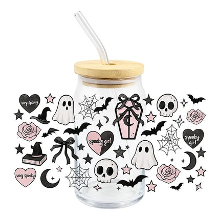 Halloween UV DTF 3D Ghost Design Transfer Sticker Wraps Cup Libbey Glass Cup 16 oz Waterproof Decals DIY Cartoon