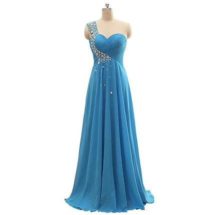 A Line Chiffon One Shoulder Bridesmaid Dresses Crystals Beading Pleat Elegant Wedding Party Formal Prom Evening Corset Back