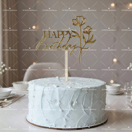 3PCS Gold Acrylic Happy Birthday Cake Topper with Line Art Flower Elegant Floral Cake Decoration for Birthday Party